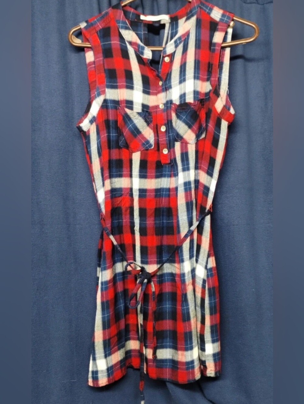 Sleeveless Red Navy White Plaid Shirt Dress S